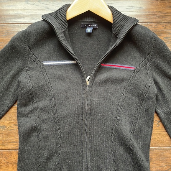 Tommy Hilfiger black logo cardigan zip up cable knit stretchy - Picture 3 of 10
